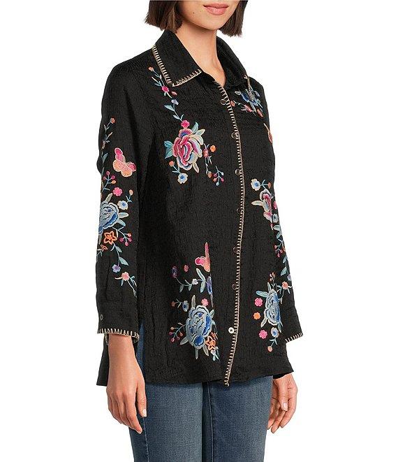 Calessa Petite Size Embroidered Textured Crinkle Point Collar Long Sleeve Button-Front Shirt Product Image