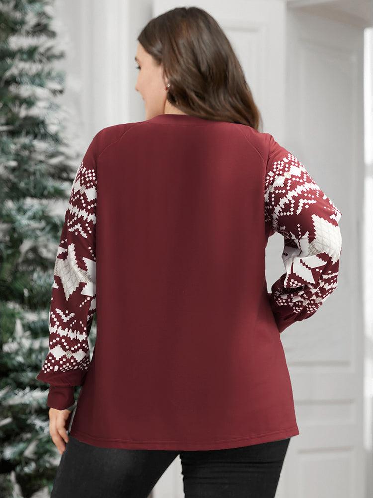 Snowflake Print V Neck Drop Shoulder Sweatshirt Female Product Image