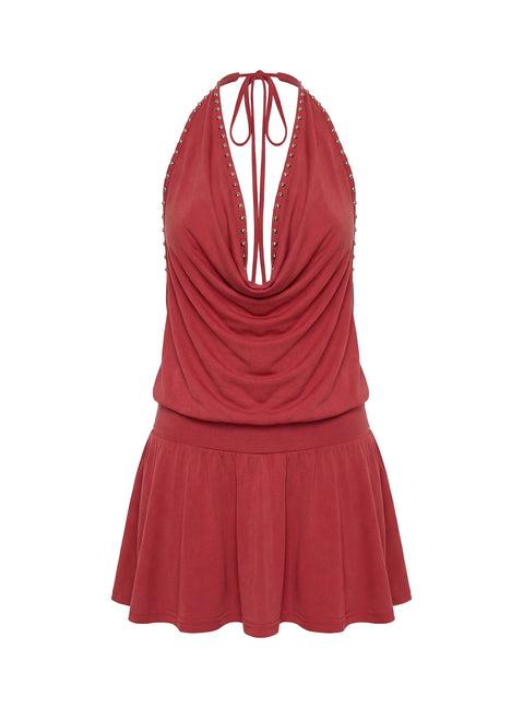 Khoda Studded Halter Mini Dress Burgundy Product Image