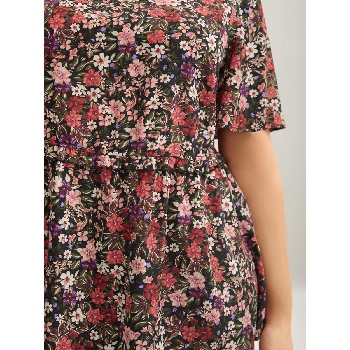 Plus Size Black Floral Ruffled Round Neck Shirt Women Timeless Short sleeve Round Neck Elegant Blouses BloomChic 30/6X Product Image