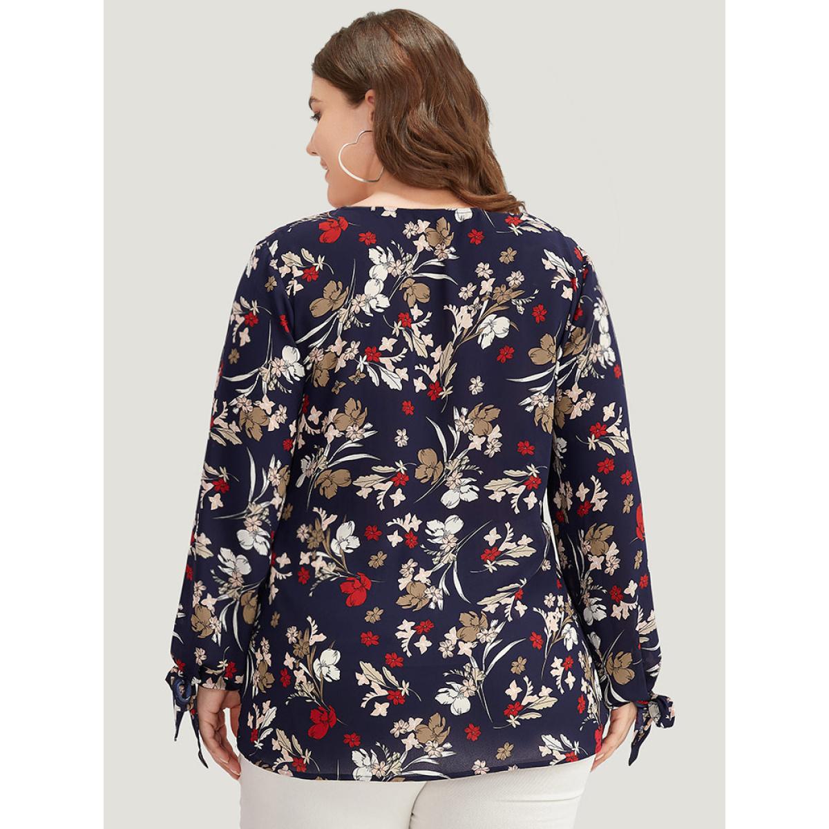 Plus Size Indigo Floral V Neck Wrap Twist Sleeve Blouse Women Elegant Long Sleeve V-neck Dailywear Blouses BloomChic 26/4X Product Image