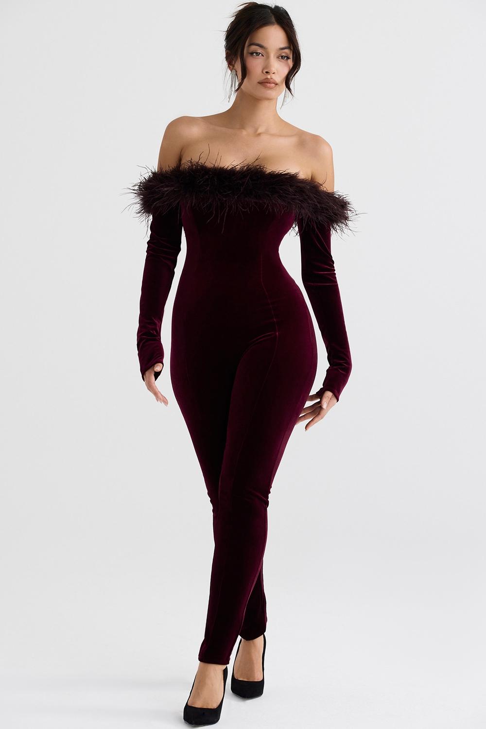 Salima  black cherry velvet jumpsuit - sale Product Image