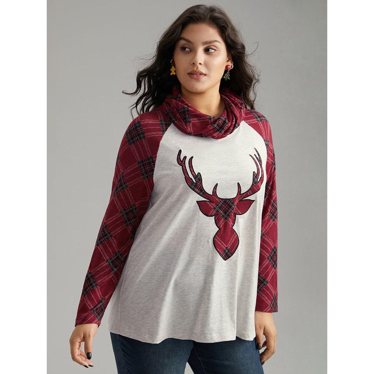 Plus Size Elk Plaid Patchwork Cowl Neck T-shirt LightGray Women Casual Contrast Christmas Cowl Neck Festival-Christmas T-shirts BloomChic 10/M Product Image