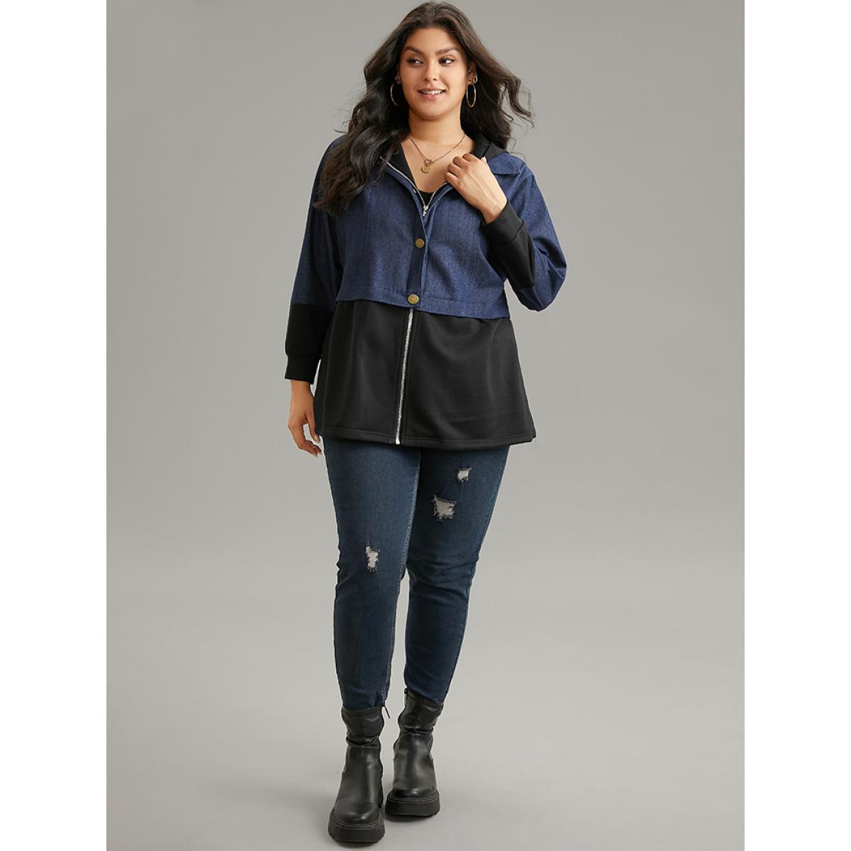 Plus Size Contrast Patchwork Button Up Pocket Zipper Coat Women Black Casual Contrast Ladies Everyday Winter Coats BloomChic 28/5X Product Image