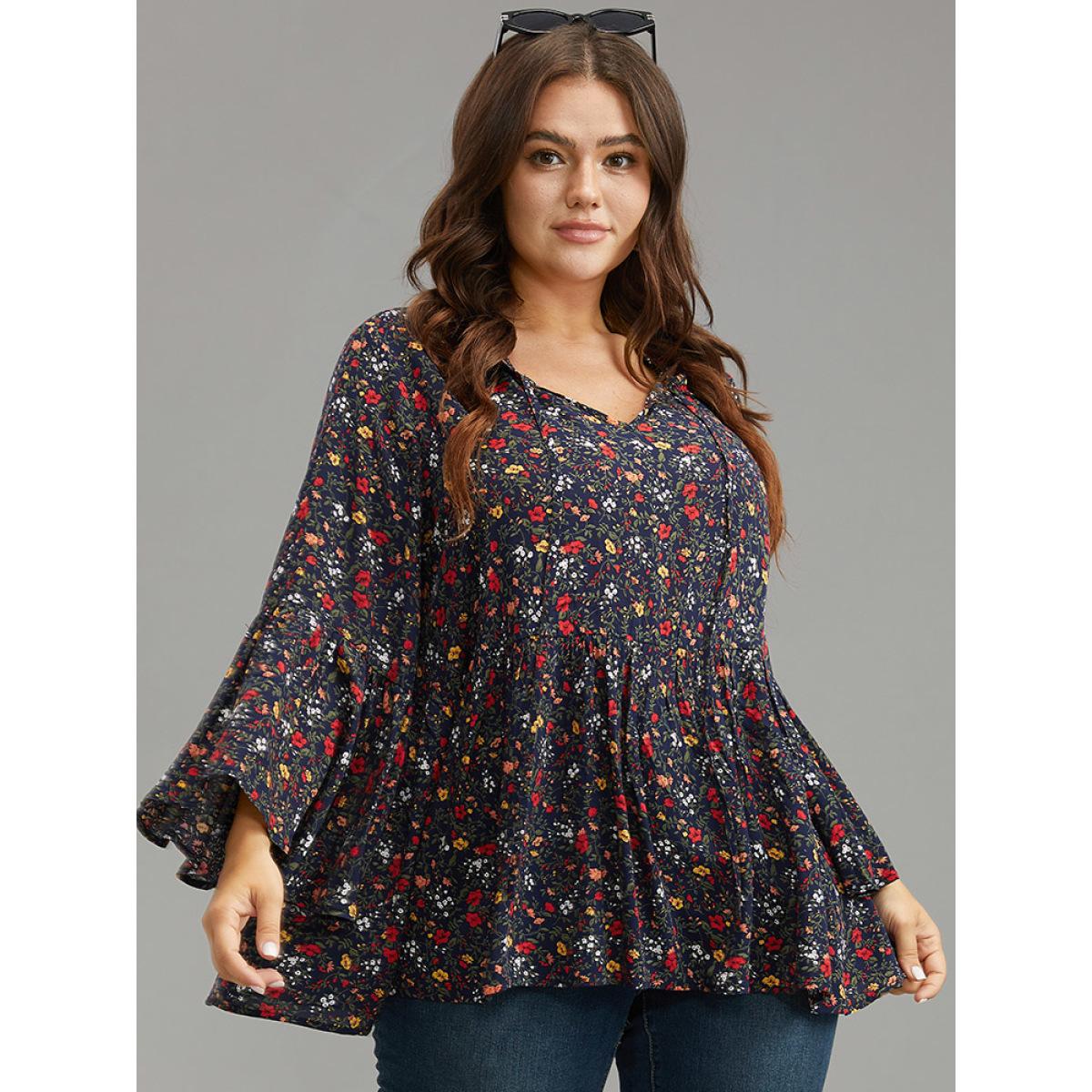 Plus Size Indigo Floral Tie Neck Frill Trim Bell Sleeve Blouse Women Elegant Long Sleeve Tie Neck Dailywear Blouses BloomChic 26/4X Product Image