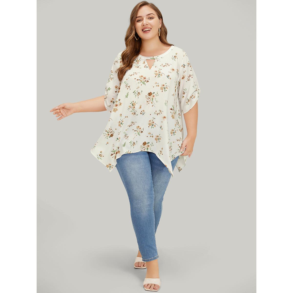 Plus Size White Floral Cuffed Sleeve Hanky Hem Keyhole Neck Blouse Women Elegant Half Sleeve V-neck Dailywear Blouses BloomChic 12/L Product Image