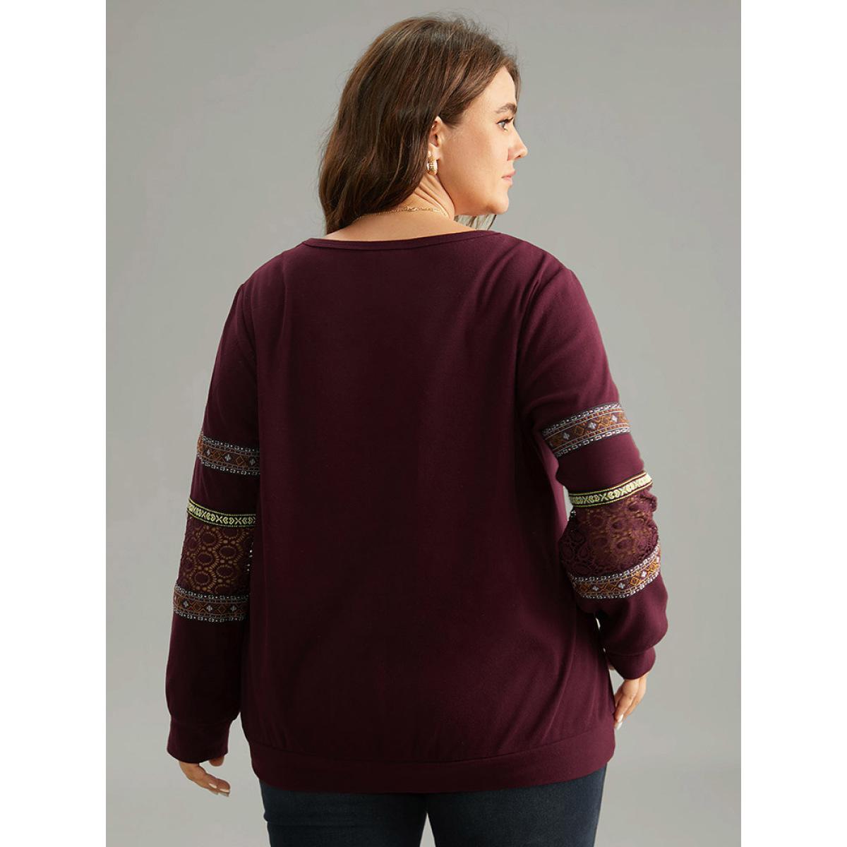 Plus Size Bandana Print Lace Insert Crew Neck Sweatshirt Women Burgundy Elegant Patchwork Round Neck Dailywear Sweatshirts BloomChic 26/4X Product Image