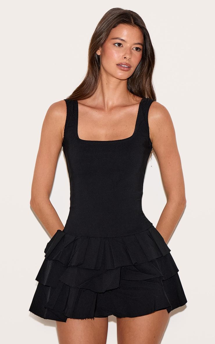 Black Stretch Woven Pleated Skort Romper Product Image