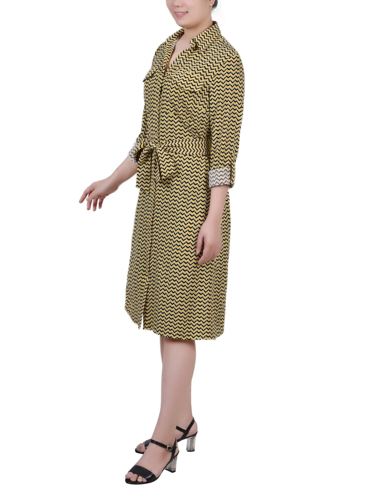 Cypress Inca Gold Navy Zigzag 3/4 Roll Tab Sleeve Belted Shirtdress - Petite Product Image