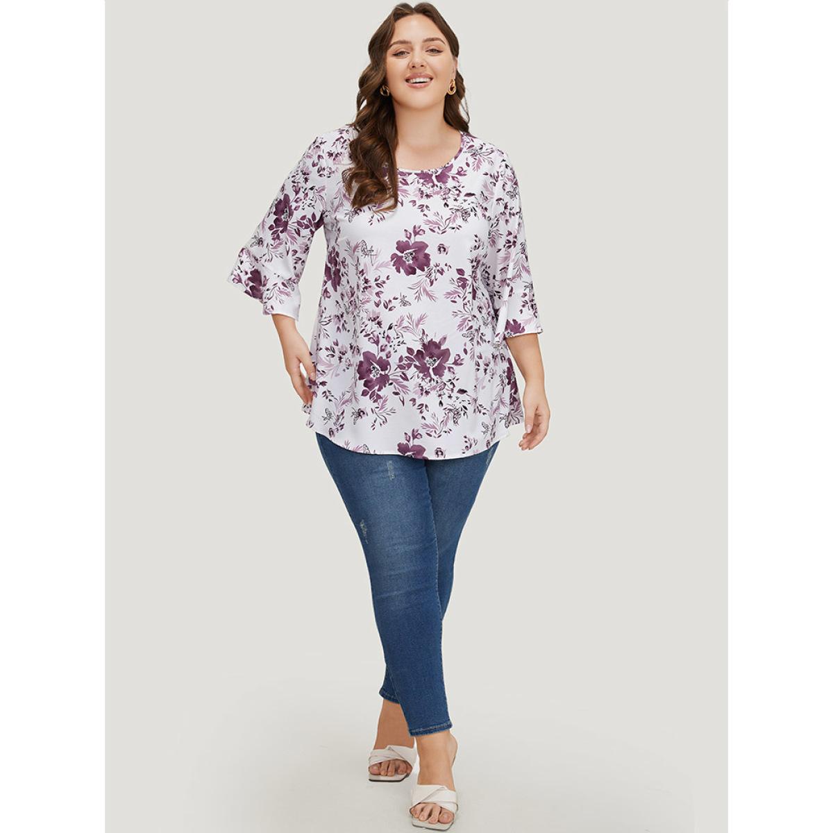 Plus Size Multicolor Floral Print Bell Sleeve Crew Neck Blouse Women Elegant Elbow-length sleeve Round Neck Dailywear Blouses BloomChic 10/M Product Image