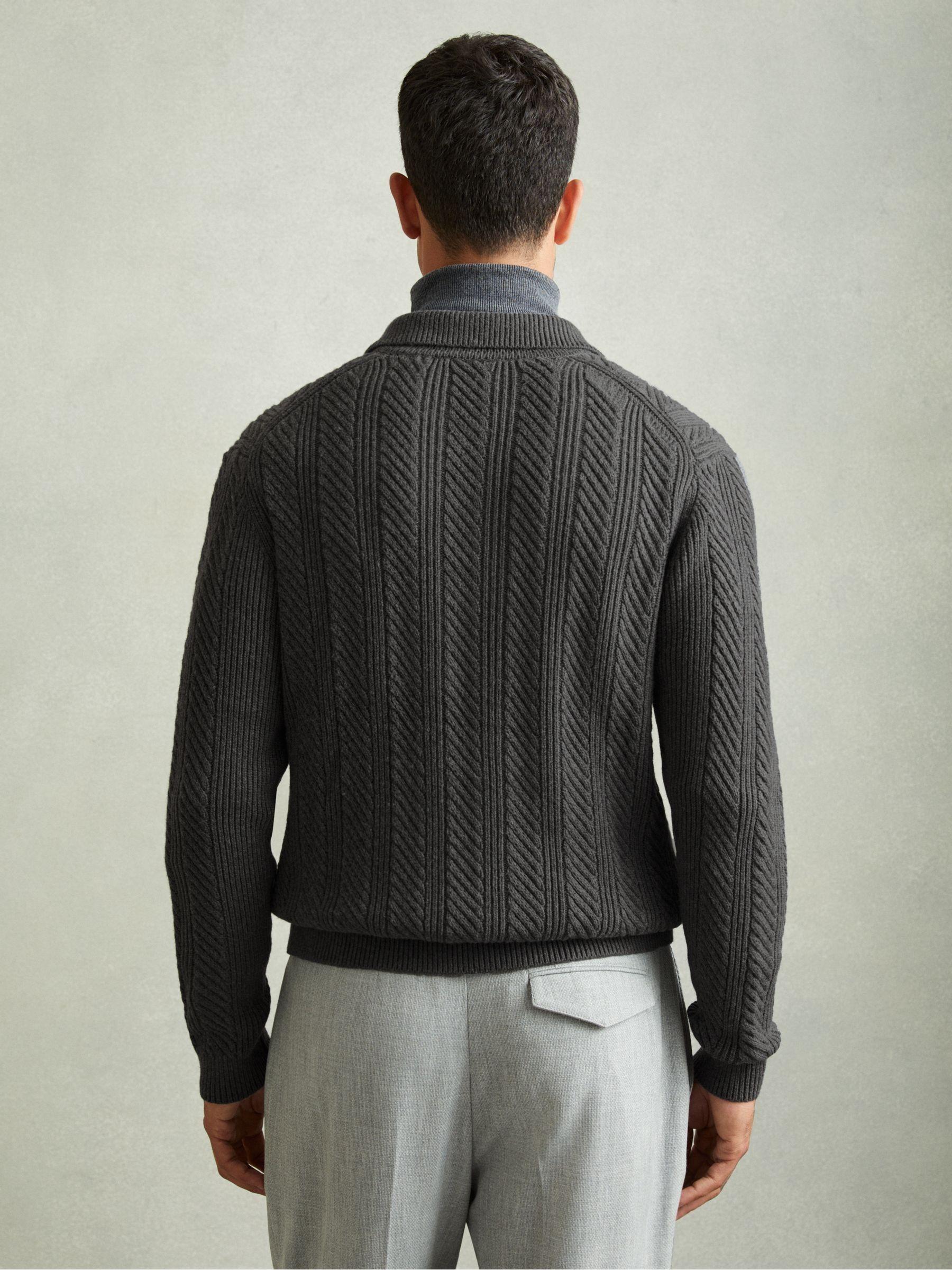Zip Through Cabled Jumper with Cotton and Wool in Mid Grey Melange Product Image