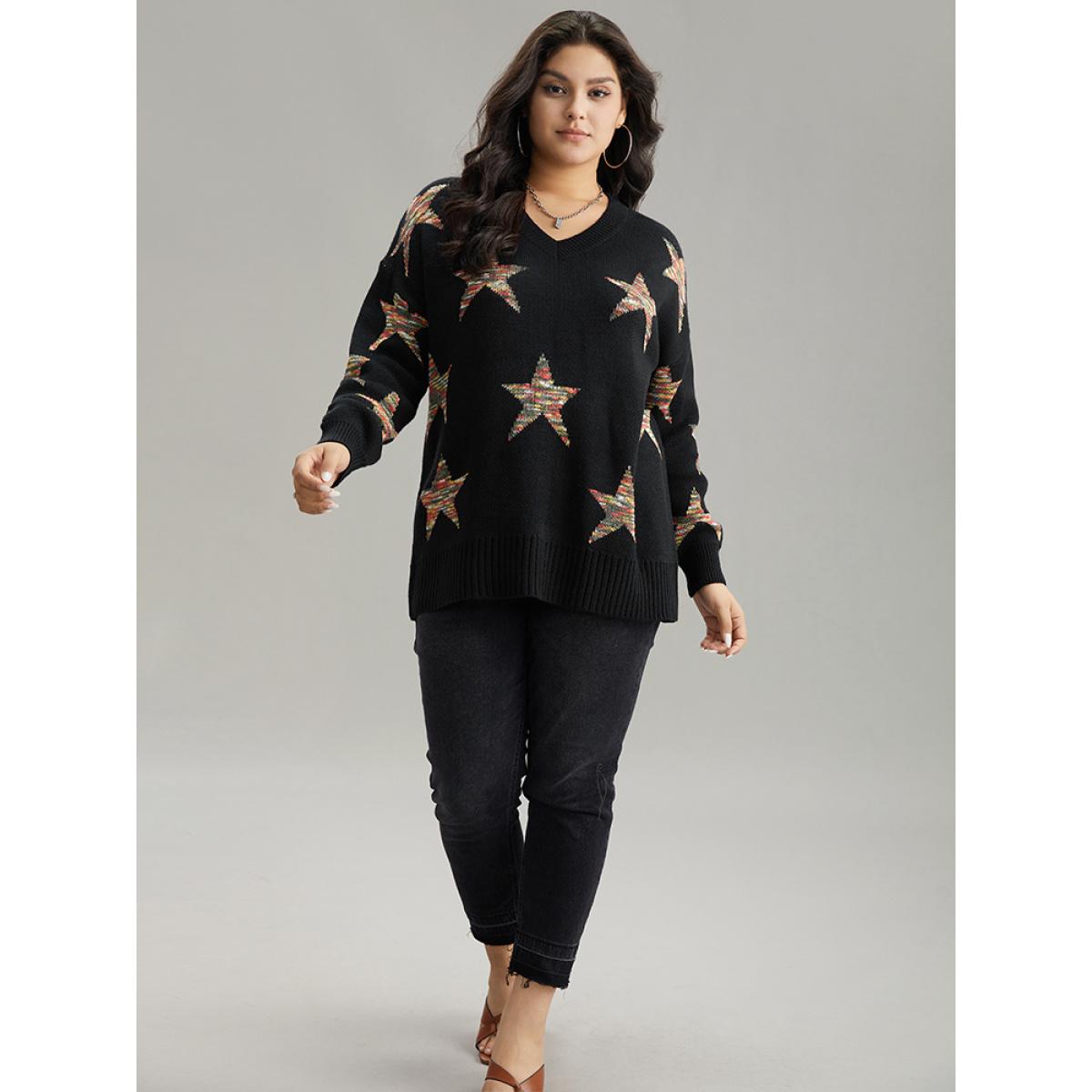 Plus Size Star Heather Elastic Cuffs Pullover Black Women Casual Loose Long Sleeve V-neck Dailywear Pullovers BloomChic 22-24/3X Product Image