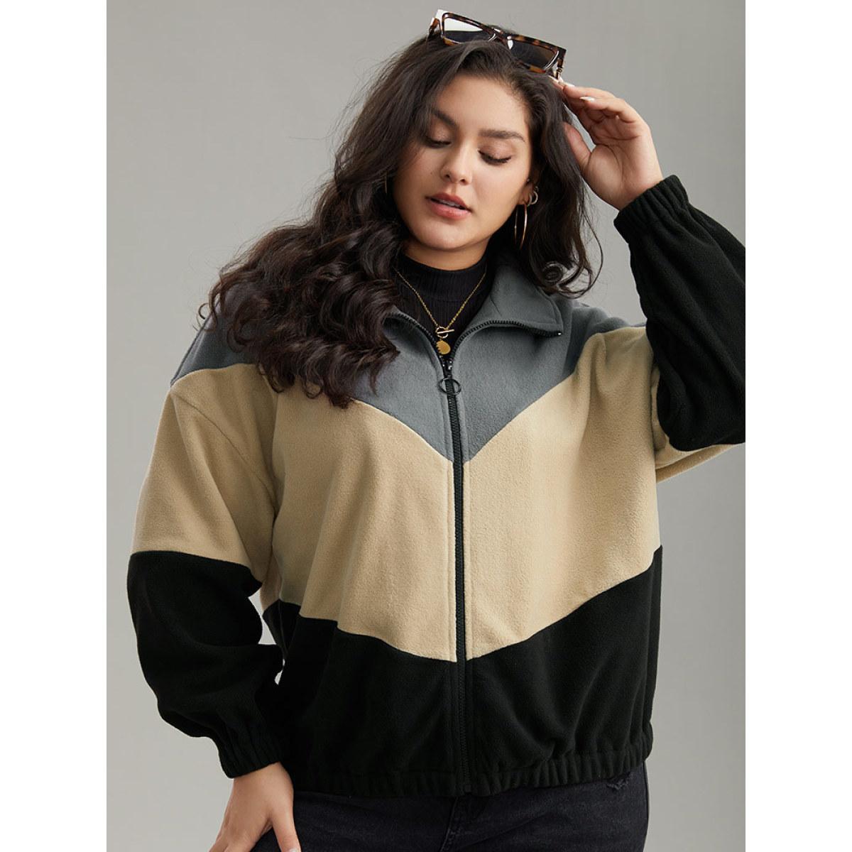 Plus Size Colorblock Contrast Zipper Drop Shoulder Jacket Women Gray Elastic cuffs Dailywear Jackets BloomChic 18-20/2X Product Image