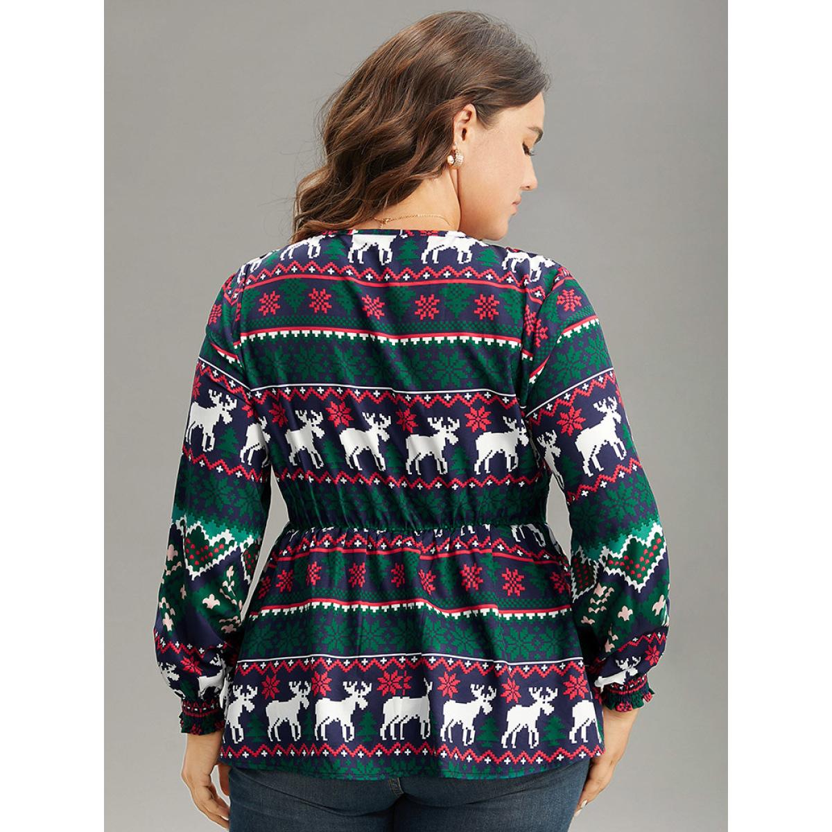 Plus Size Green Christmas Elk Shirred Square Neck Blouse Women Elegant Long Sleeve Square Neck Festival-Christmas Blouses BloomChic 28/5X Product Image