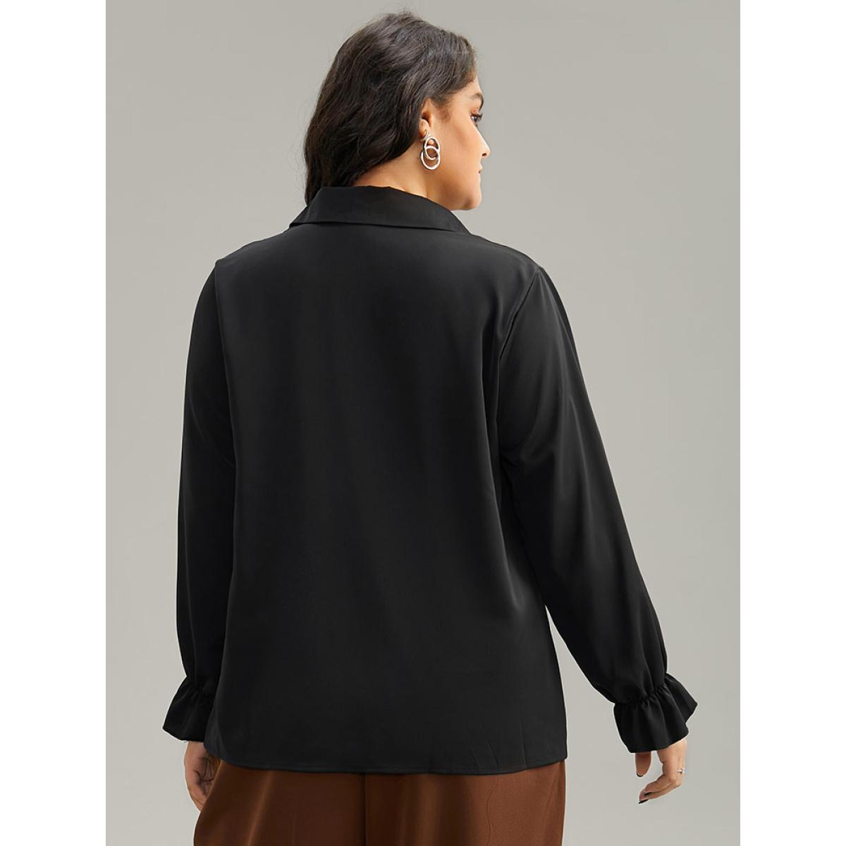 Plus Size Black Static-Free Solid Button Detail Frill Trim Blouse Women Office Long Sleeve Shirt collar Office Blouses BloomChic 10/M Product Image