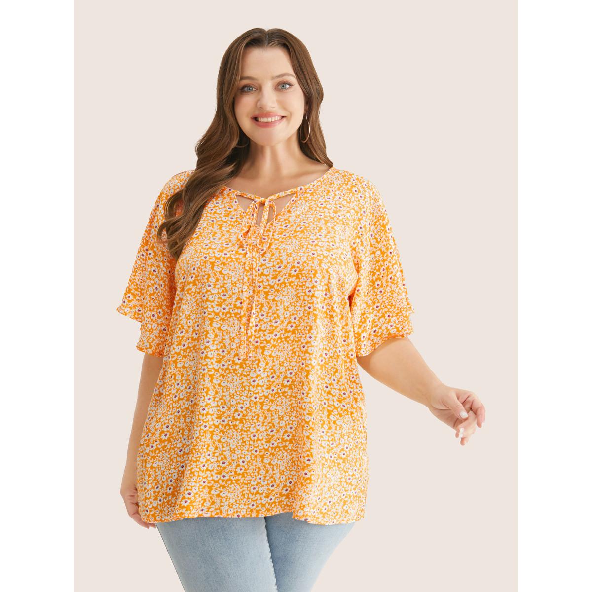 Plus Size Yellow Ditsy Floral Ruffle Sleeve Tie Neck Blouse Women Elegant Short sleeve V-neck Everyday Blouses BloomChic 18-20/2X Product Image