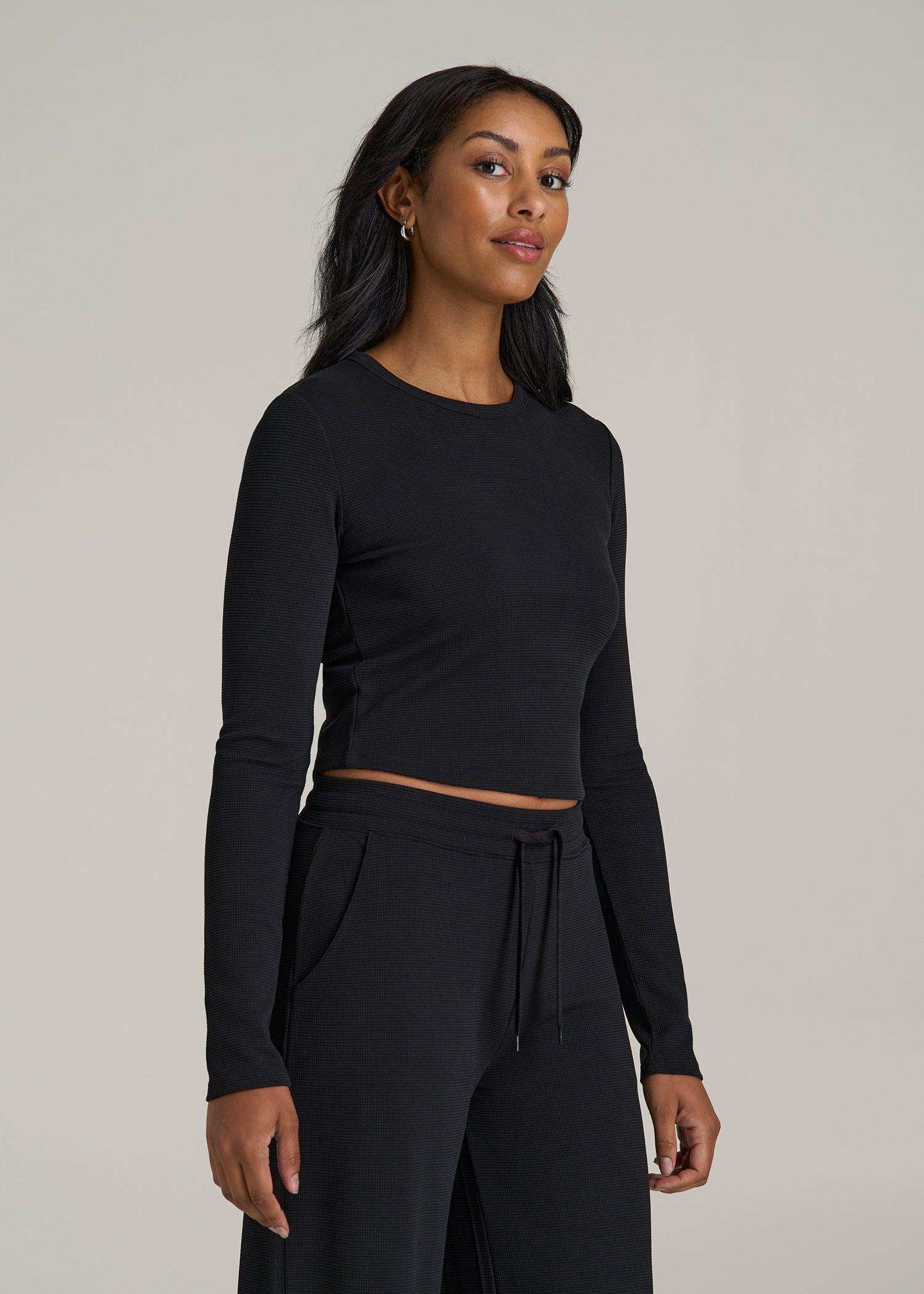 Cropped Long Sleeve Waffle Shirt for Tall Women in Black Female Product Image