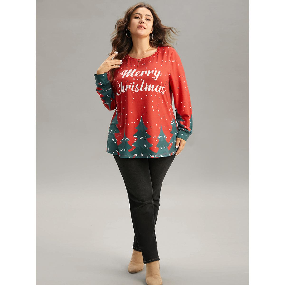 Plus Size Christmas Trees Snowflake Round Neck Sweatshirt Women Red Casual Contrast Festival-Christmas Sweatshirts BloomChic 28/5X Product Image
