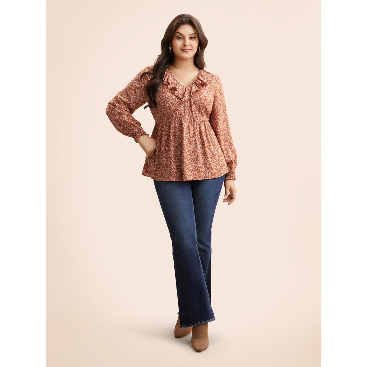 Plus Size Rust Ditsy Floral Ruffle Trim Shirred Blouse Women Elegant Long Sleeve V-neck Everyday Blouses BloomChic 12/L Product Image