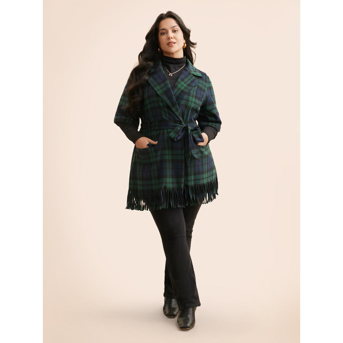 Plus Size Plaid Tassel Trim Pocket Belted Jacket Women Indigo Tassels Loose Open pocket with flap Belt Everyday Jackets BloomChic 14-16/1X Product Image