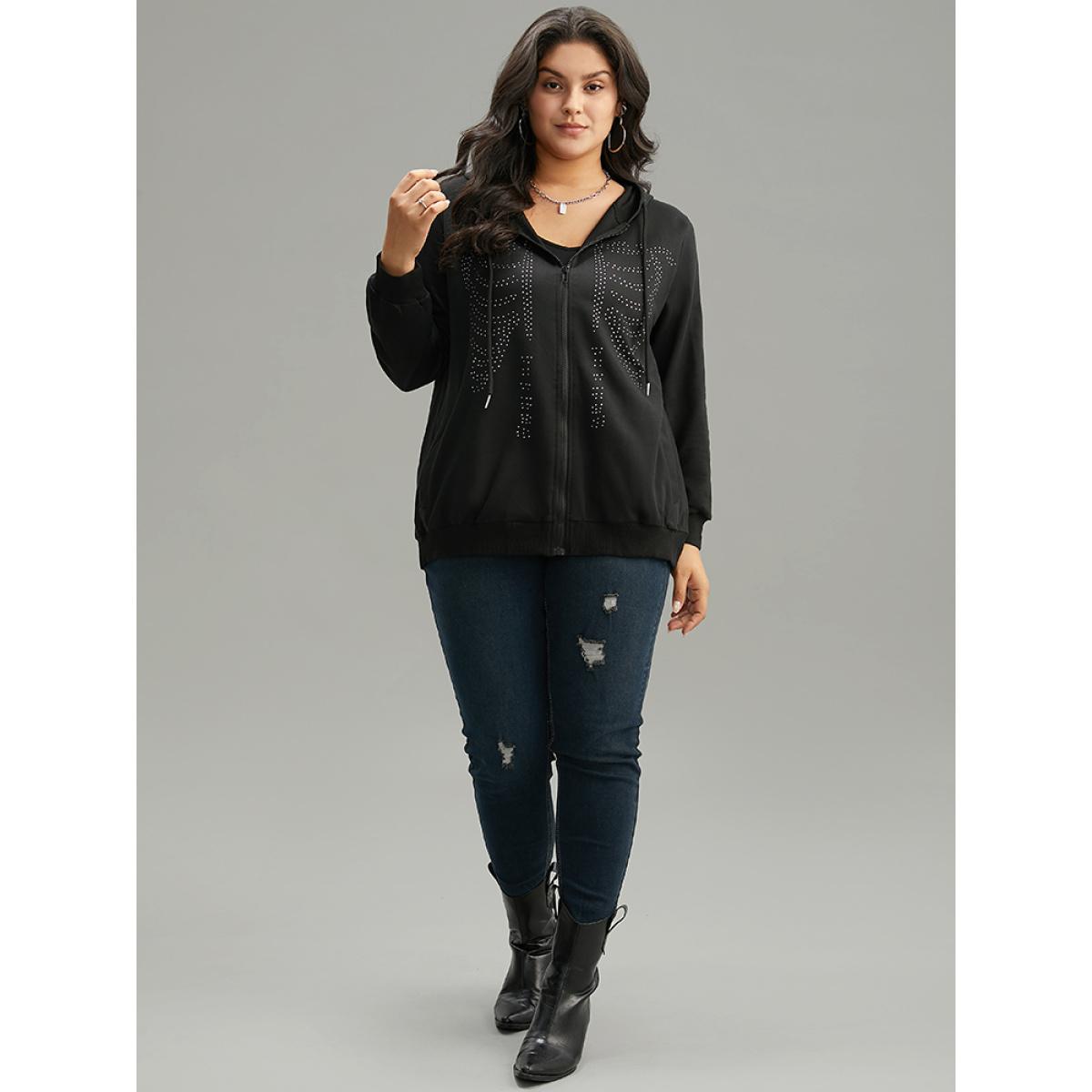 Plus Size Halloween Print Rhinestone Drawstring Hooded Zipper Sweatshirt Women Black Casual Rhinestone detailing Hooded Festival-Halloween Sweatshirts BloomChic 12/L Product Image