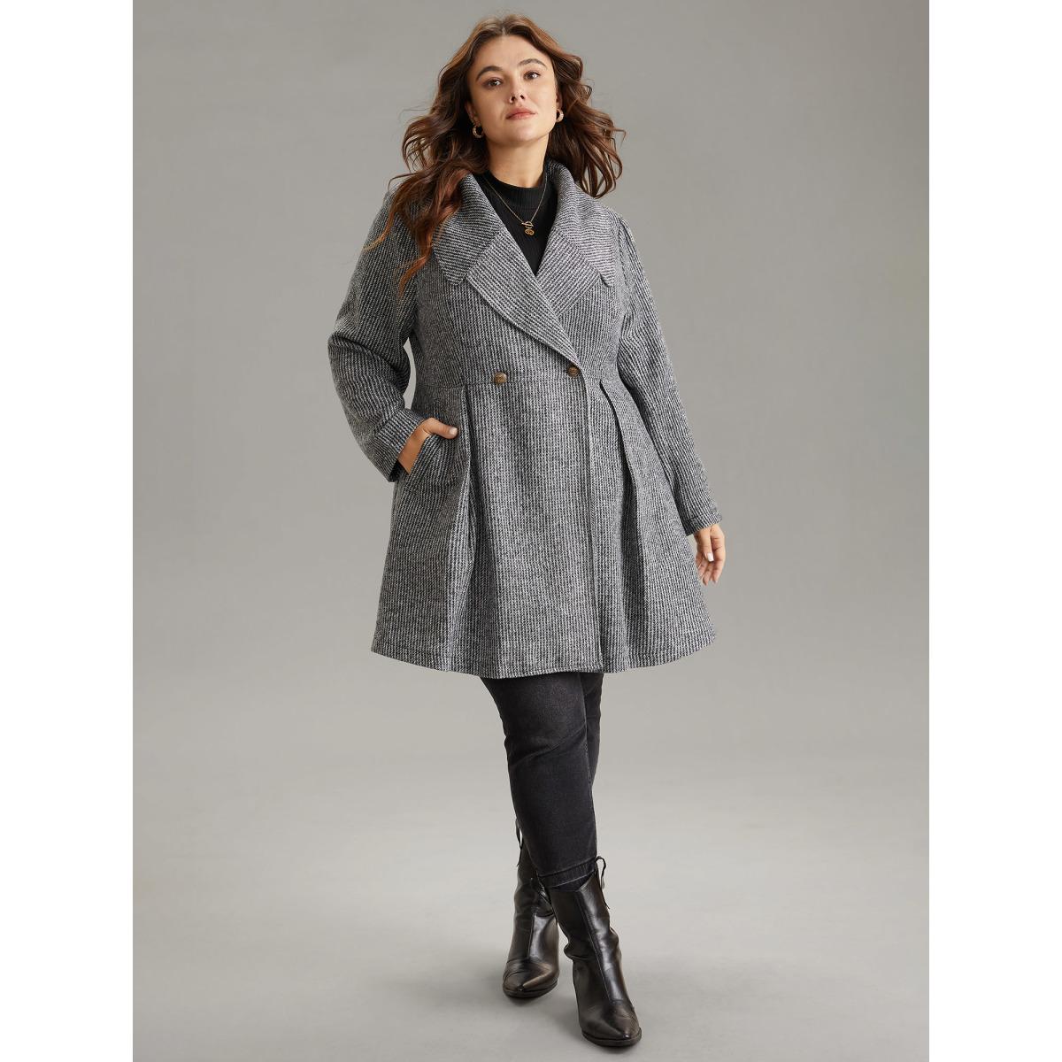 Plus Size Tweed Lapel Collar Double Breasted Plicated Detail Coat Women DimGray Casual Texture Ladies Dailywear Winter Coats BloomChic 22-24/3X Product Image