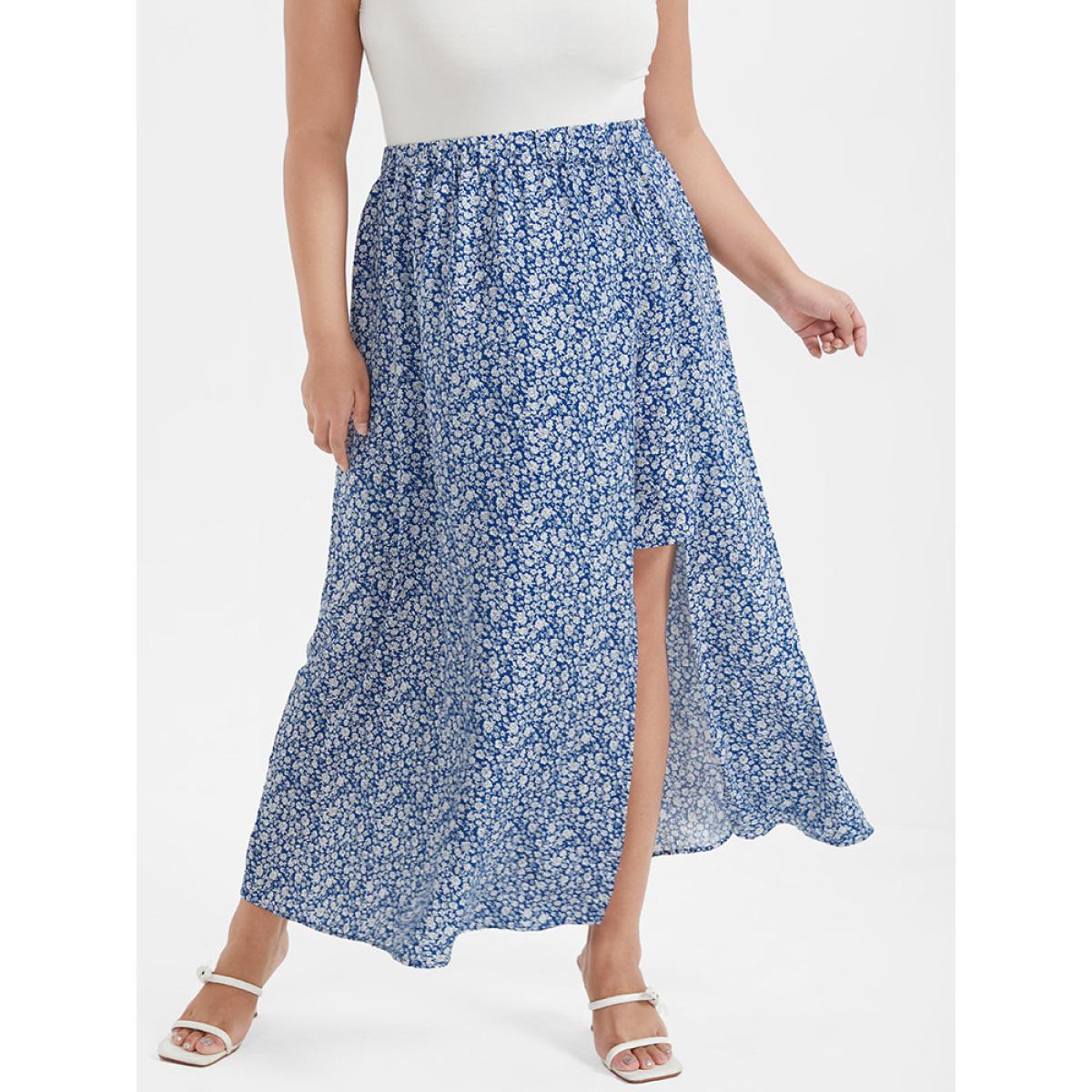 Plus Size Ditsy Floral Printed Irregular Loose Skirt Women LightBlue Elegant Gathered Loose No stretch Dailywear Skirts BloomChic 30/6X Product Image