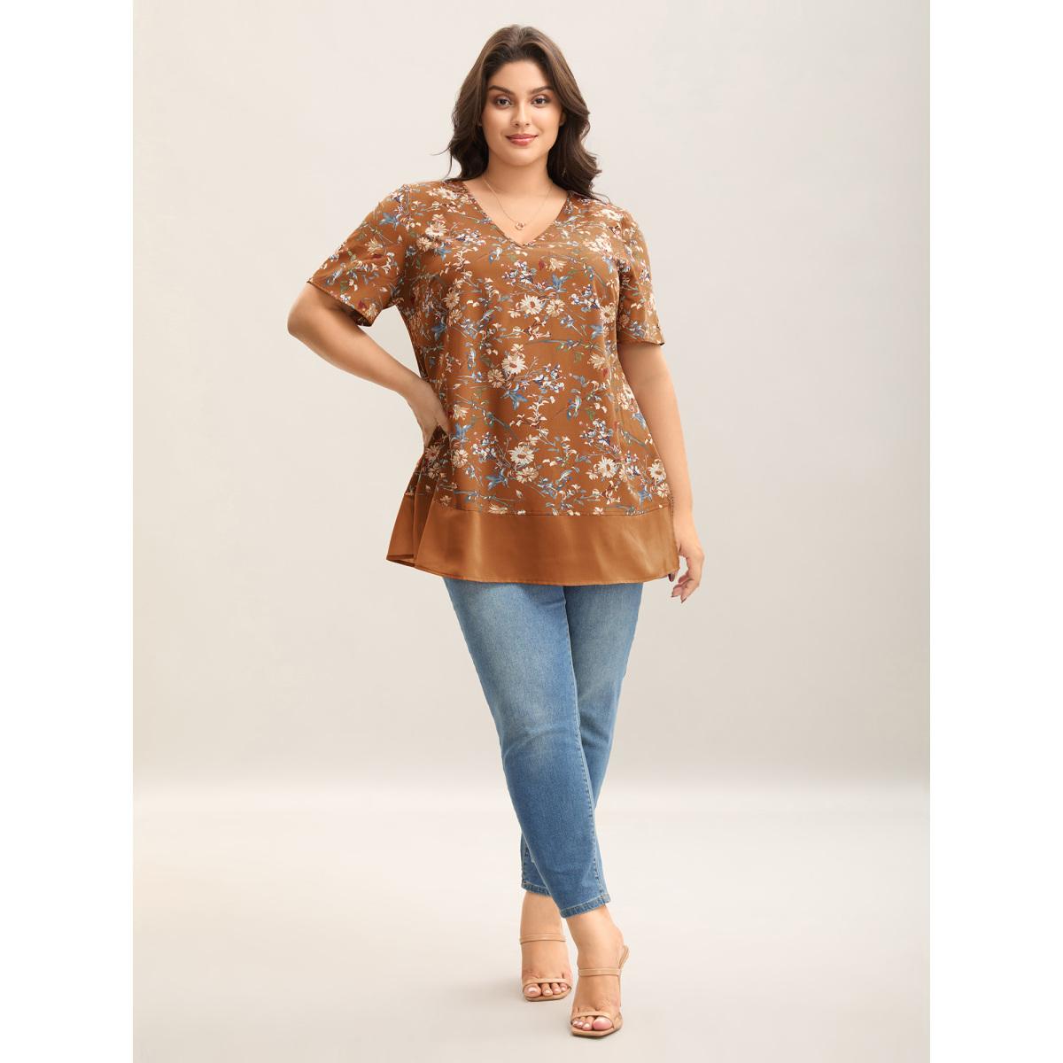 Plus Size Browncoffeecolor Garden Print Spliced V-Neck Blouse Women Romantic Short sleeve V-neck Elegant Blouses BloomChic 22-24/3X Product Image