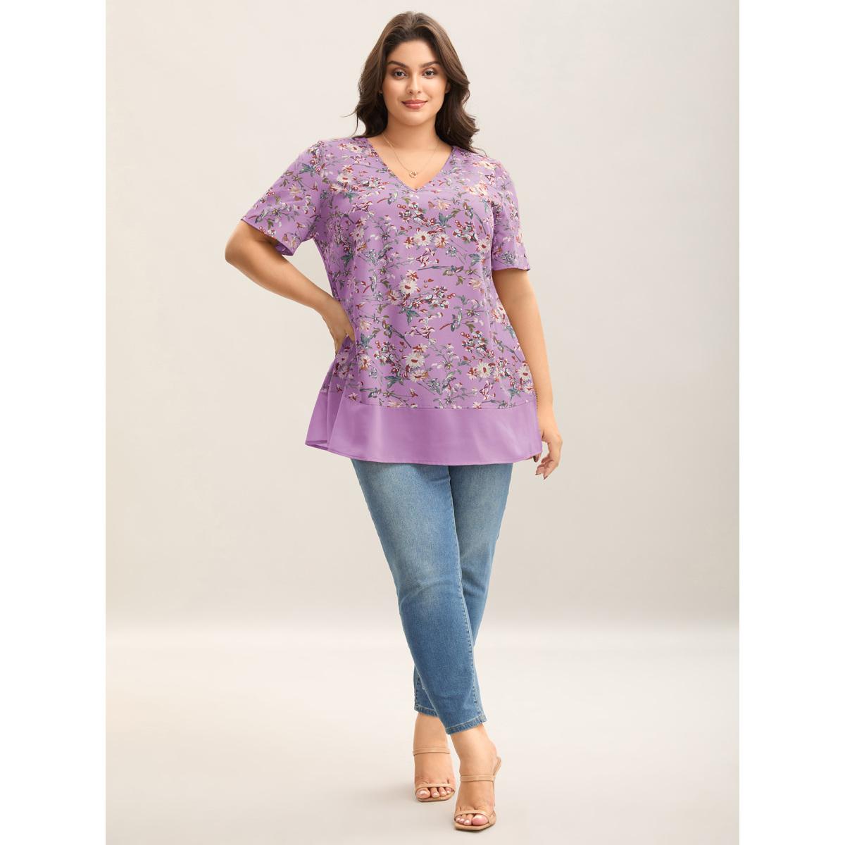 Plus Size Lilac Garden Print Spliced V-Neck Blouse Women Elegant Short sleeve V-neck Everyday Blouses BloomChic 18-20/2X Product Image