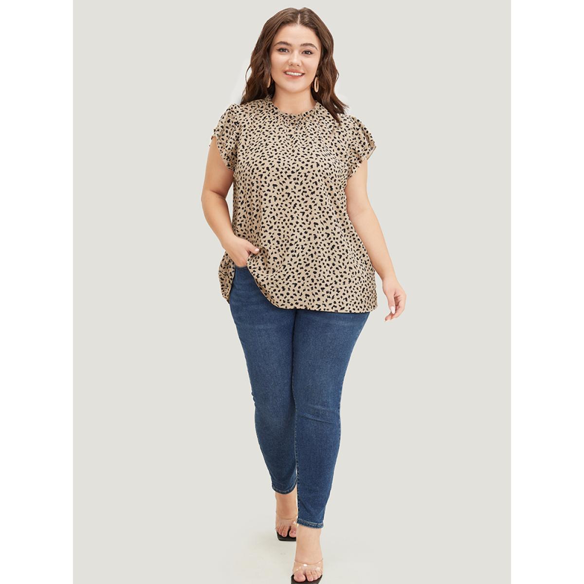 Plus Size Champagne Allover Print Mock Neck Ruffle Layered Sleeve Blouse Women Elegant Cap Sleeve Mock Neck Dailywear Blouses BloomChic 14-16/1X Product Image