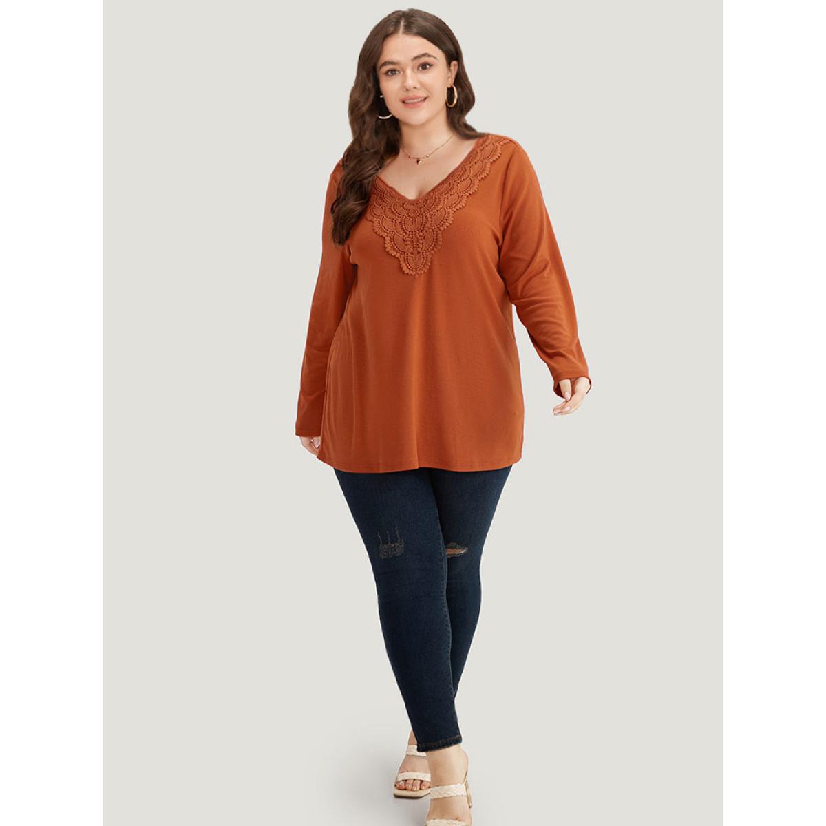 Plus Size Lace Panel V Neck T-shirt Chocolate Women Elegant Plain Plain V-neck Dailywear T-shirts BloomChic 12/L Product Image