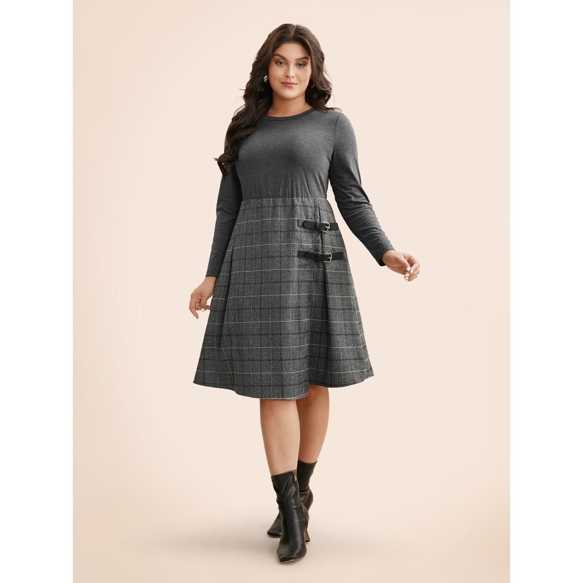 Plus Size Plaid Patchwork Buckle Detail Pleated Dress DimGray Women At the Office Overlapping Round Neck Long Sleeve Curvy BloomChic 14-16/1X Product Image