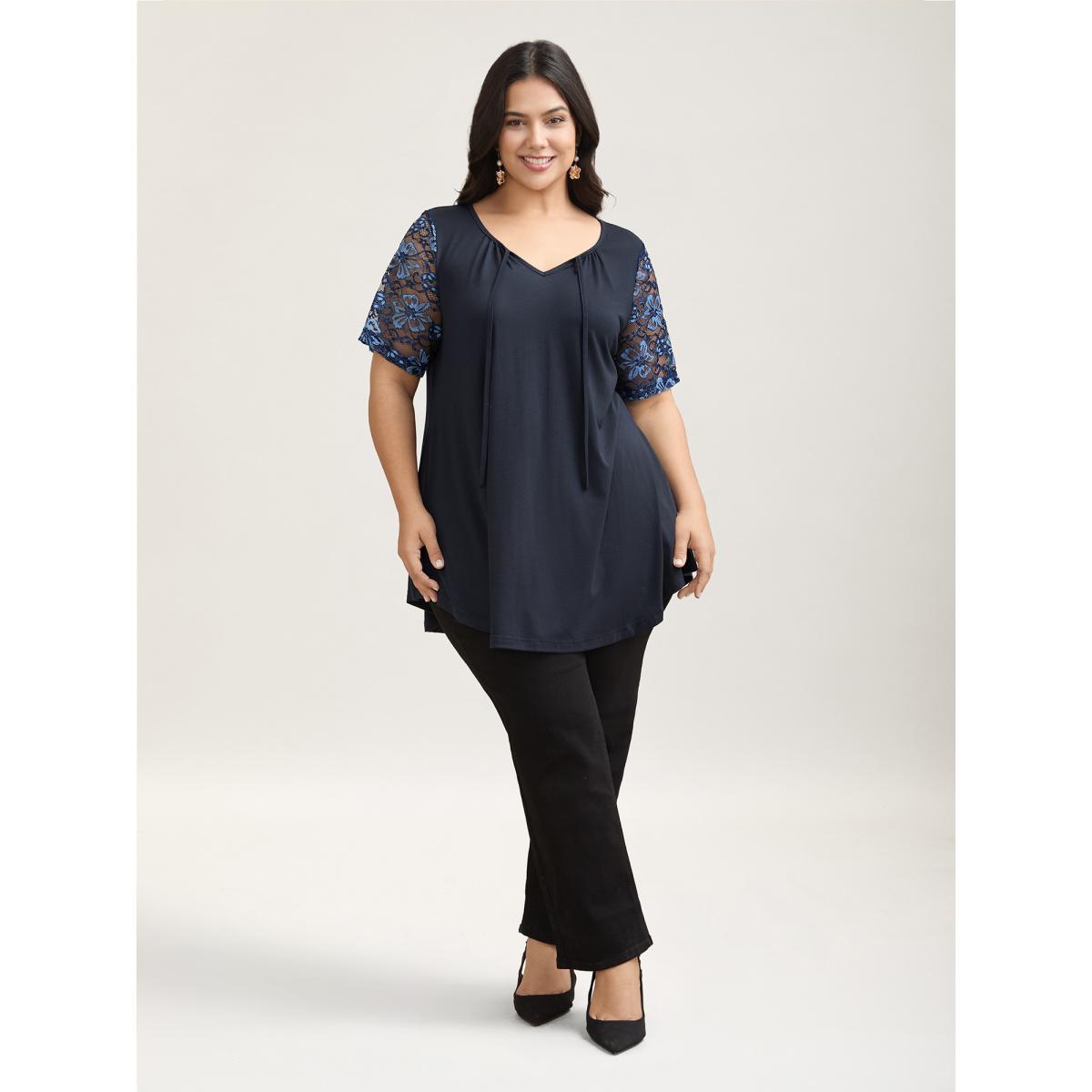 Plus Size Dual-Tone Lace Neck Tie Relaxed T-Shirt Indigo Women Elegant Tie knot V-neck Loose Everyday T-shirts BloomChic 18-20/2X Product Image