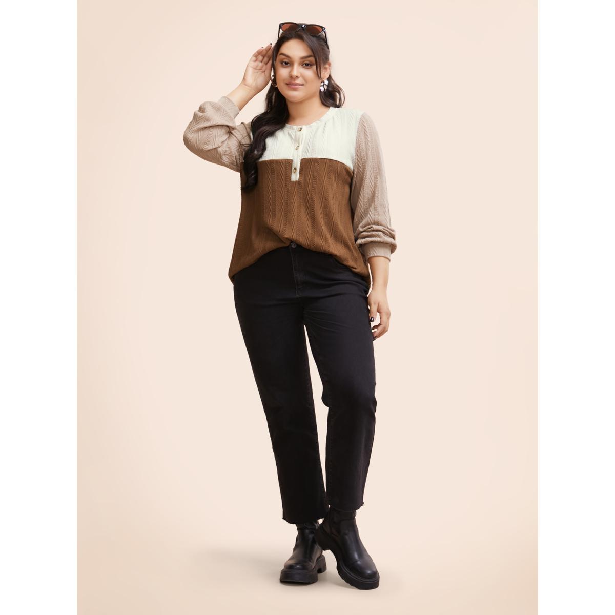 Plus Size Colorblock Contrast Textured Button Up T-shirt Multicolor Women Casual Texture Round Neck Everyday T-shirts BloomChic 10/M Product Image