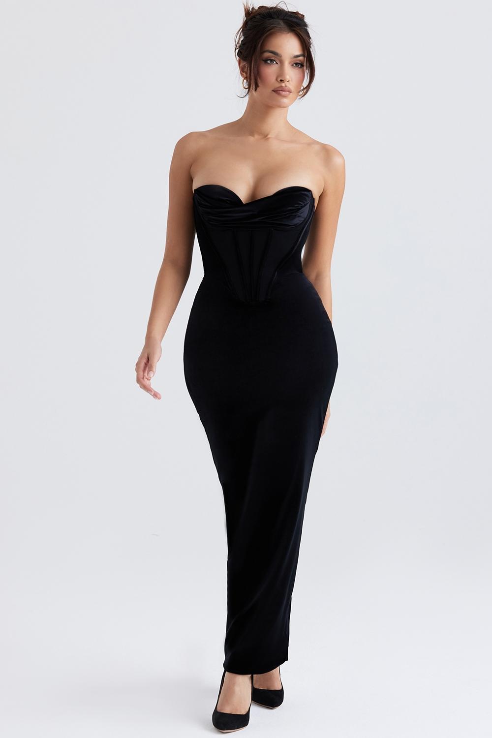 Thalia  black velvet corset maxi dress Product Image
