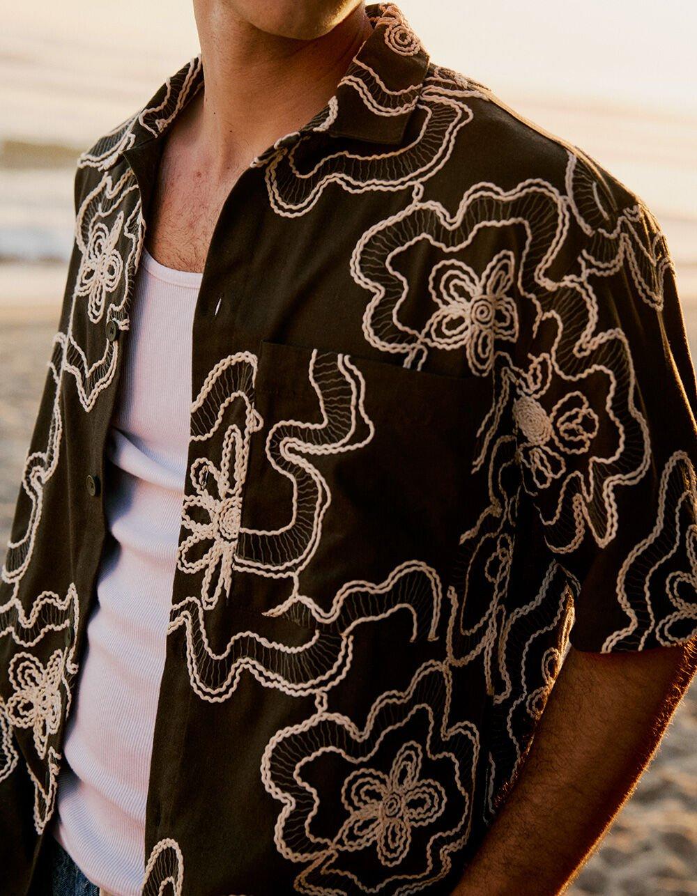 RSQ Mens Textured Floral Button Up Shirt - OLIVE Product Image