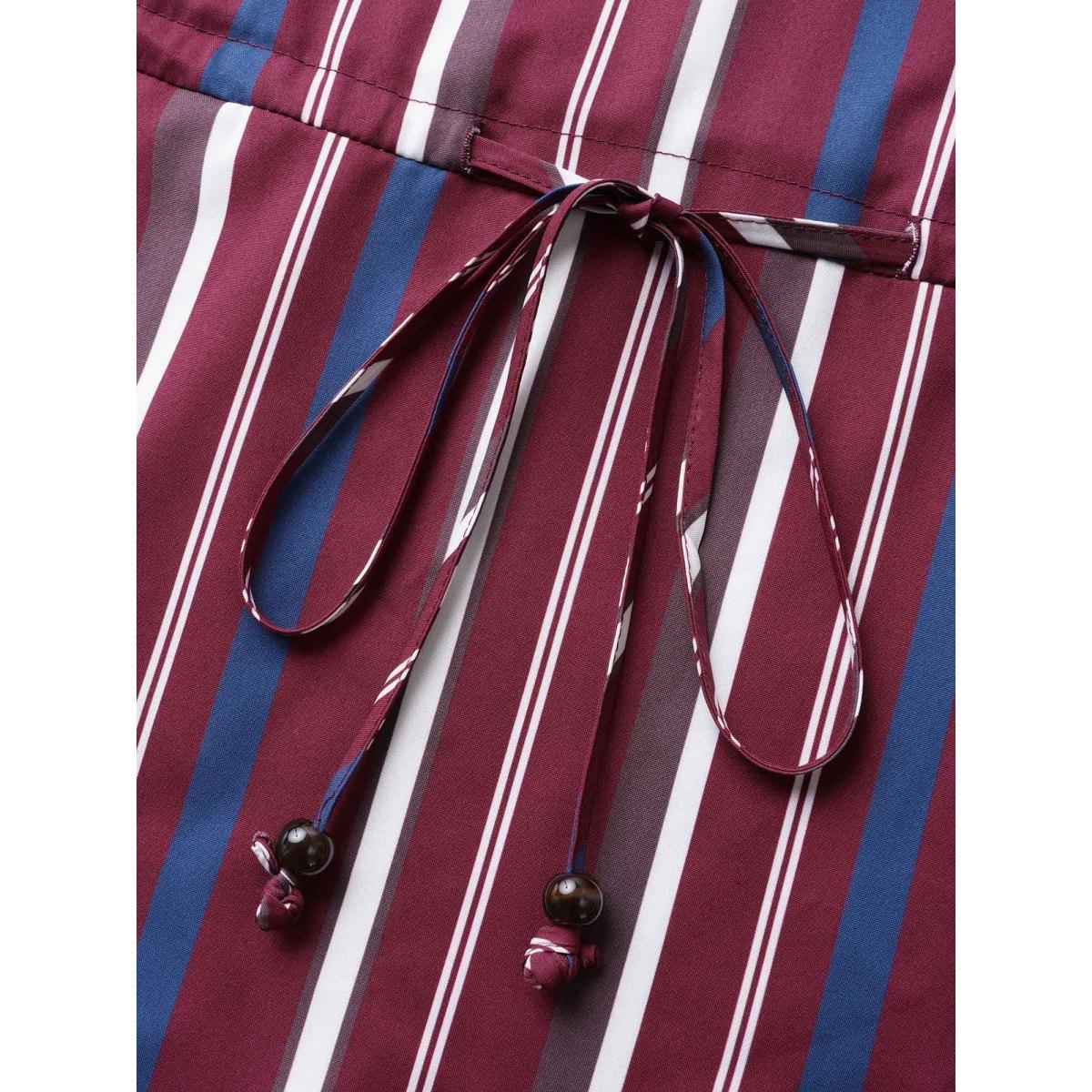 Plus Size Striped Drawstring Ruffle Cap Sleeve Midi Dress Burgundy Women Casual Drawstring V-neck Cap Sleeve Curvy BloomChic 12/L Product Image