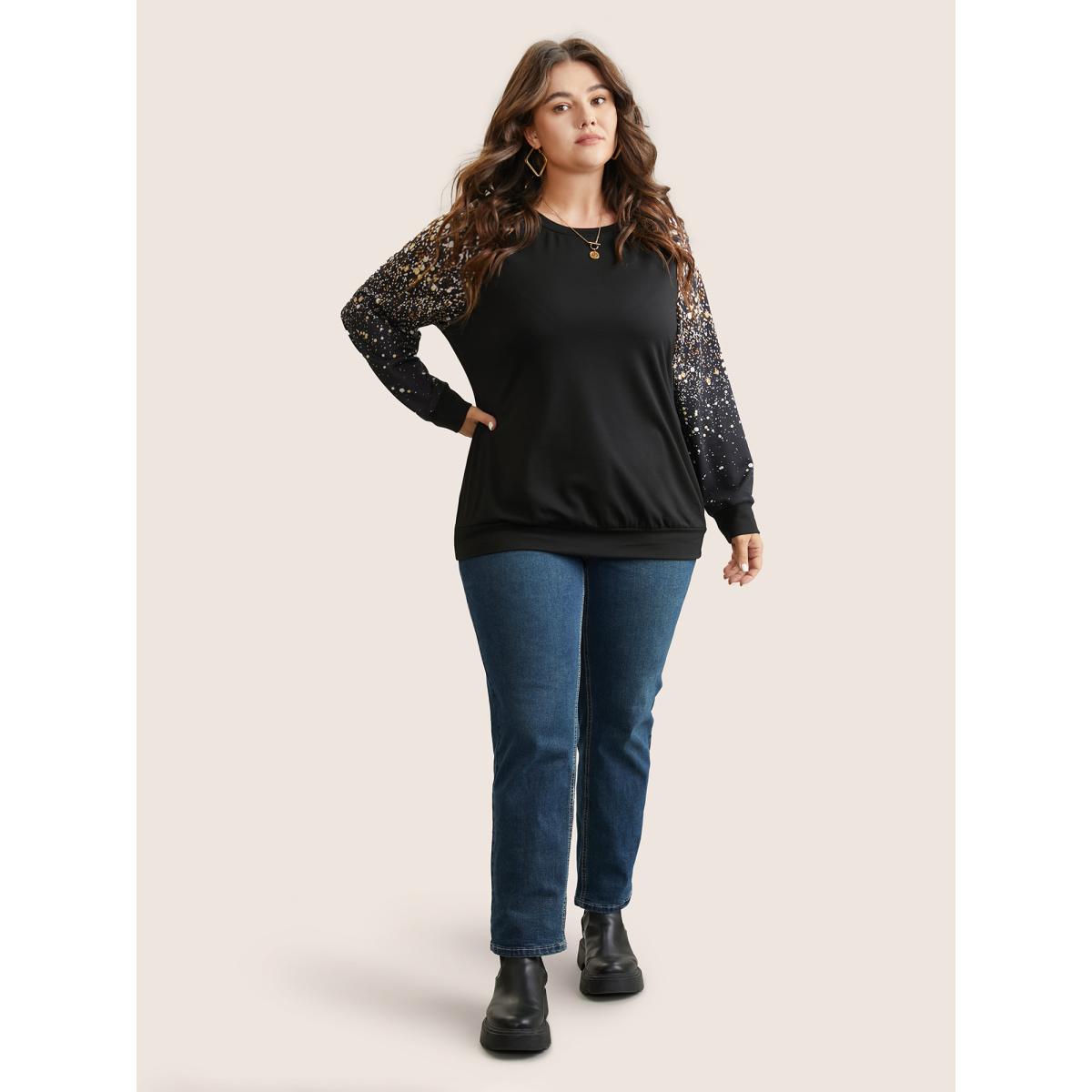 Plus Size Ombre Boho Print Raglan Sleeve T-shirt Black Women Casual Contrast Ombre Round Neck Dailywear T-shirts BloomChic 22-24/3X Product Image