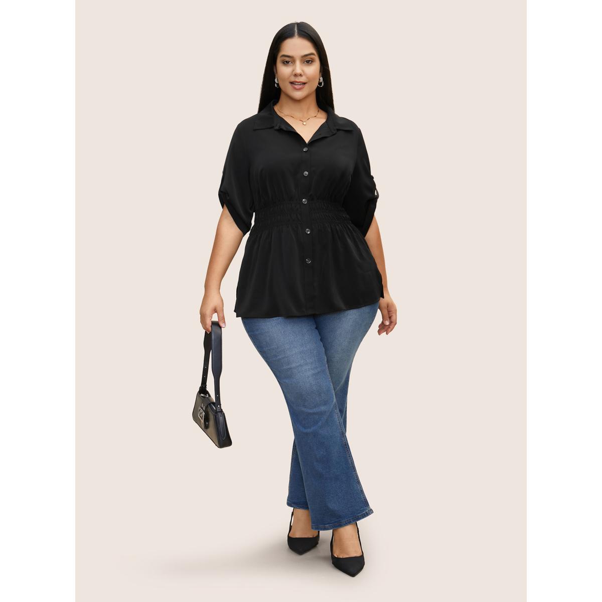 Plus Size Black Shirt Collar Button Cuff Sleeve Blouse Women Office Half Sleeve Shirt collar Office Blouses BloomChic 26/4X Product Image