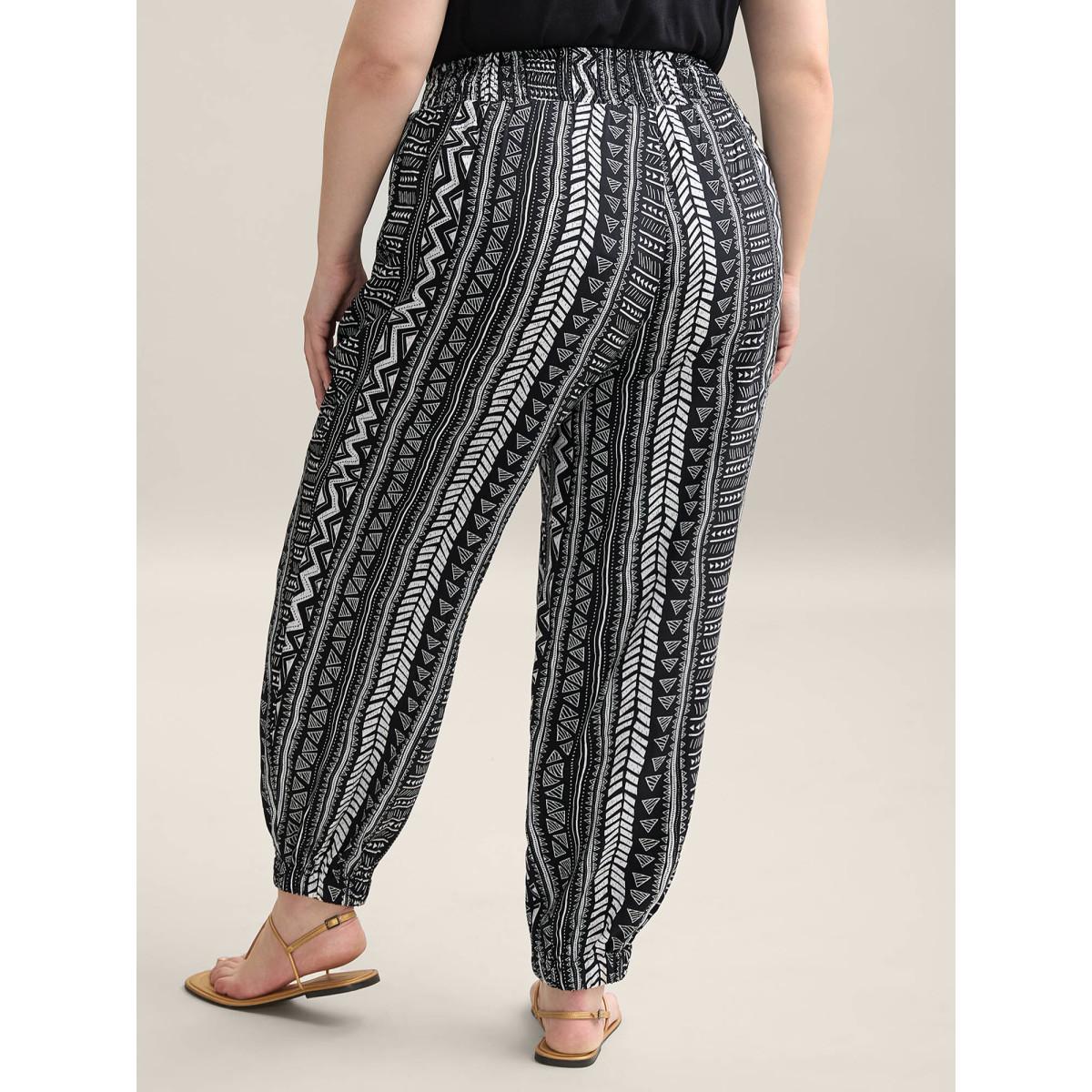 Plus Size Boho Stripes Tassels Jogger Pants Women Black Resort Mid Rise Vacation Pants BloomChic 26/4X Product Image