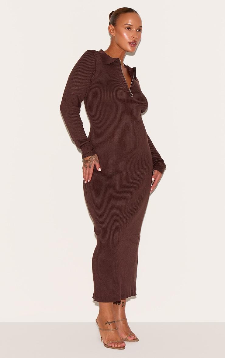 Plus Chocolate Half Zip Collared Detail Midaxi Dress Product Image