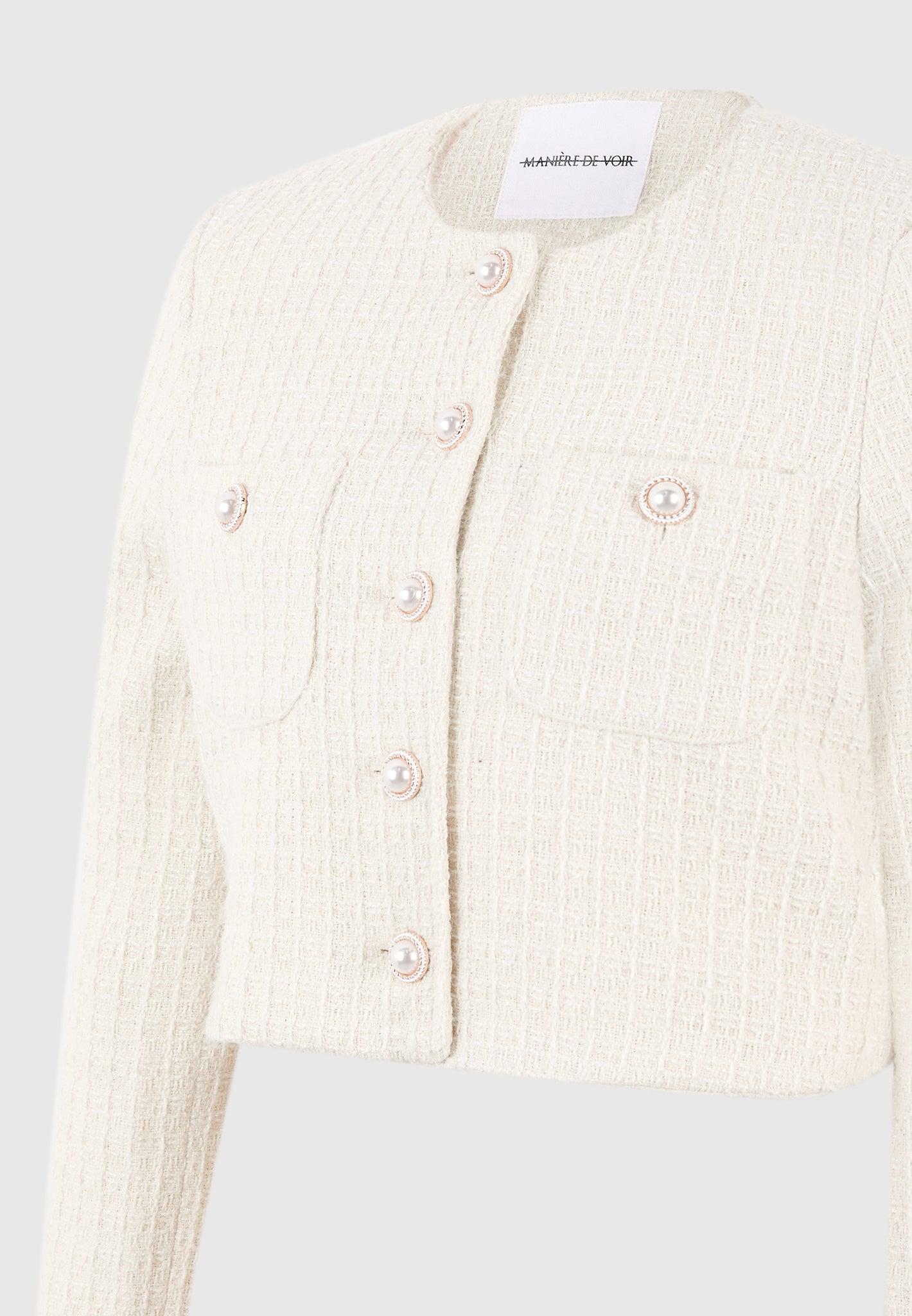 Celine - Cropped Tweed Jacket with Pearls - Cream Female Product Image