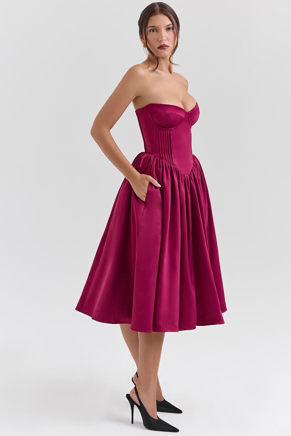 Coco  burgundy satin tulle midi dress - sale Product Image