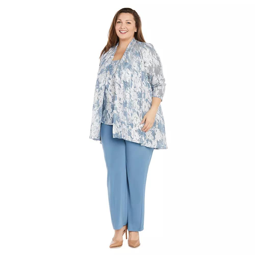 Plus Size R&M Richards 3-pc. Metallic Patterned Jacket, Sleeveless Top & Chiffon Pants Set with Removable Necklace, Women's, Size: 20 W, Ocean Silver Product Image