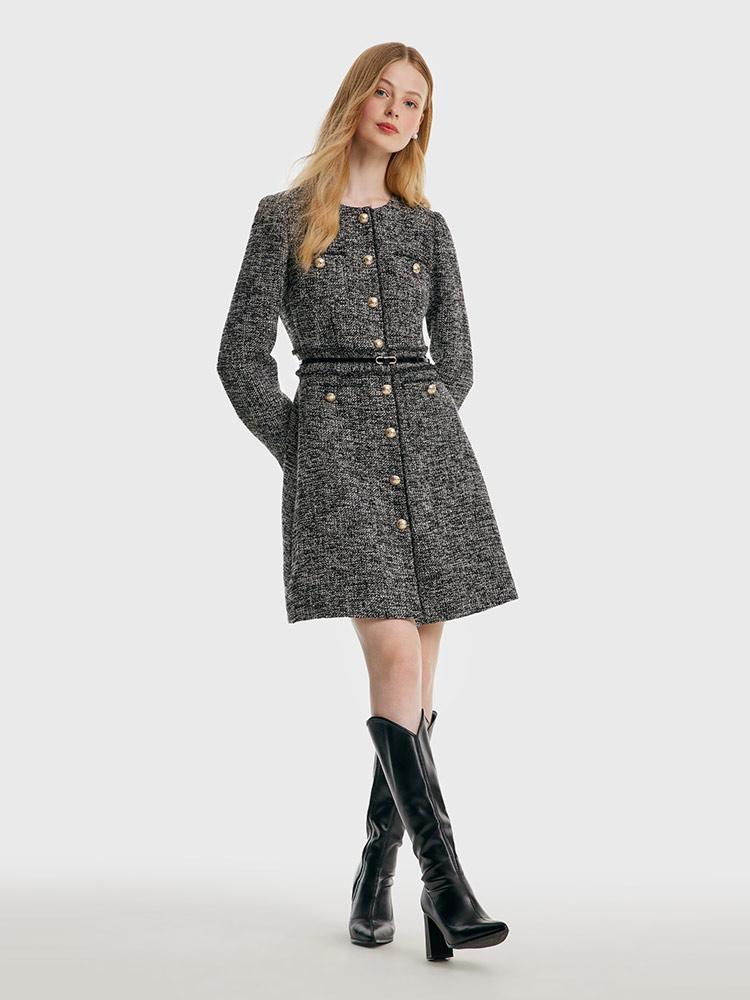 Round Neck Tweed Dress With Belt Product Image