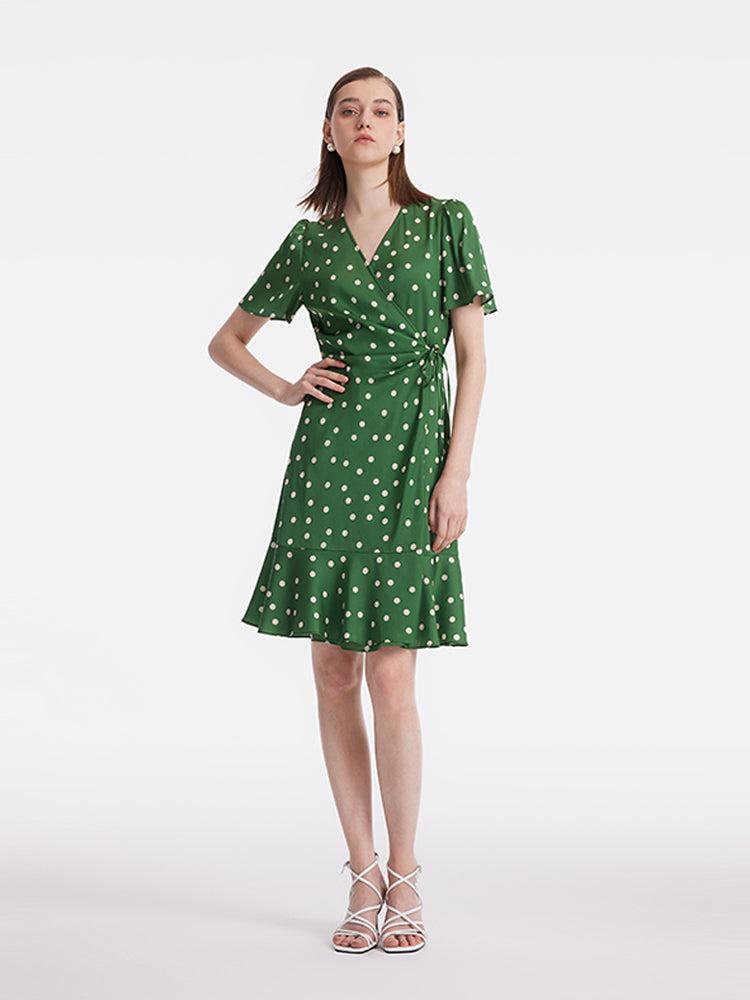19 Momme Mulberry Silk Polka Dots Print Ruffle Women Mini Dress With S Product Image