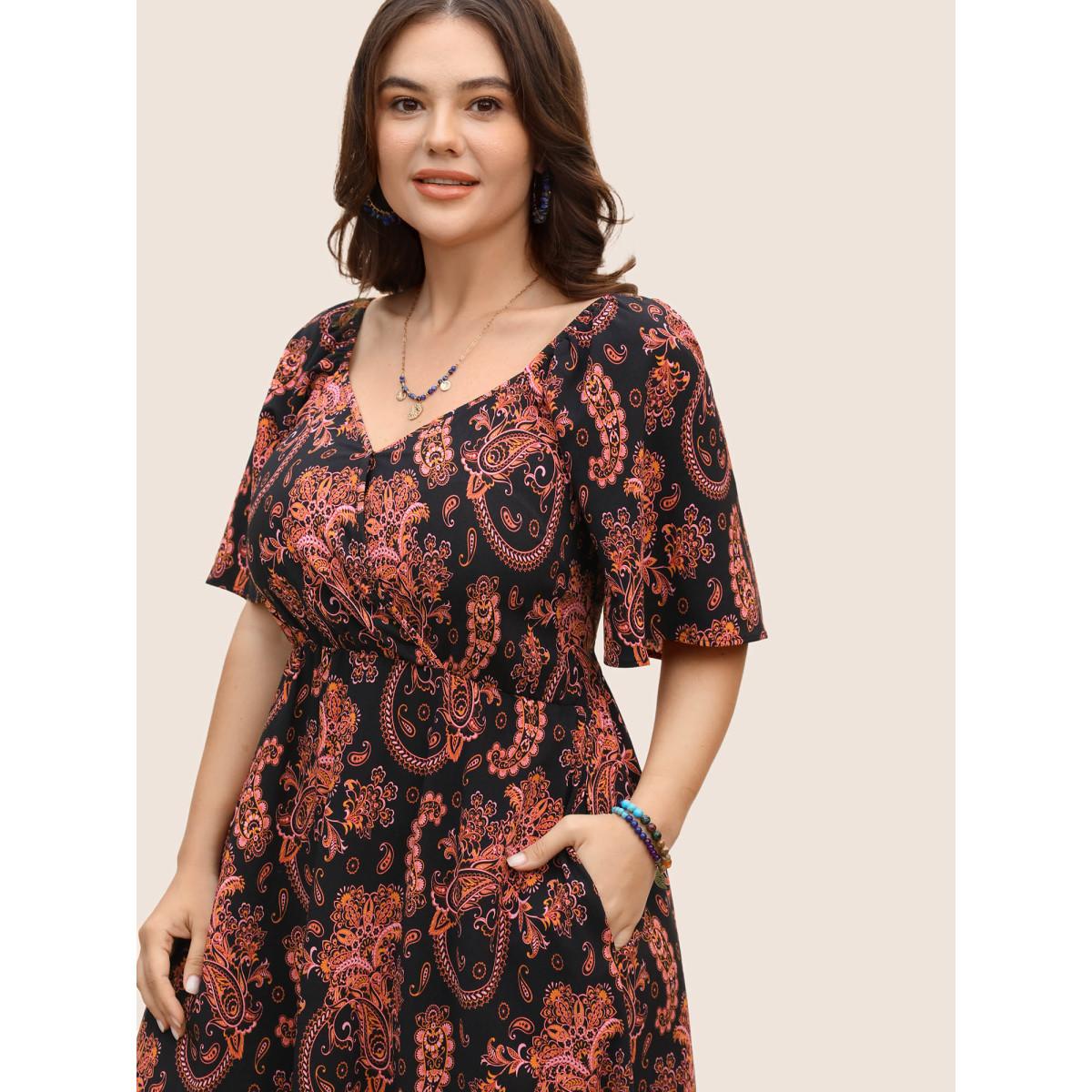Plus Size Overlap Collar Boho Print Ruffle Sleeve Dress Black Women Resort Gathered Overlap Collar Short sleeve Curvy BloomChic 12/L Product Image