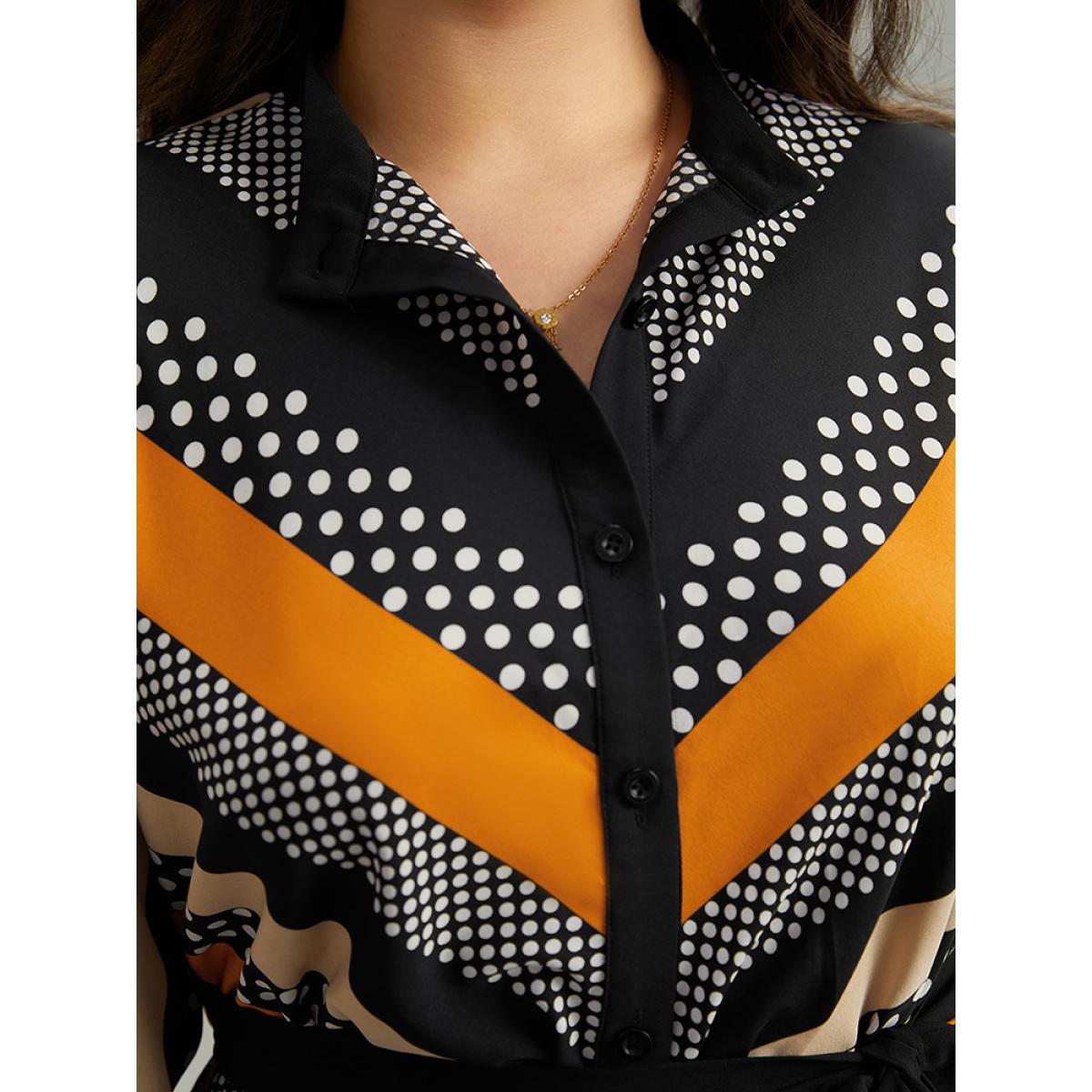 Plus Size Polka Dot Striped Belted Button Through Dress Orange Women At the Office Belted Mock Neck Long Sleeve Curvy Midi Dress BloomChic 28/5X Product Image