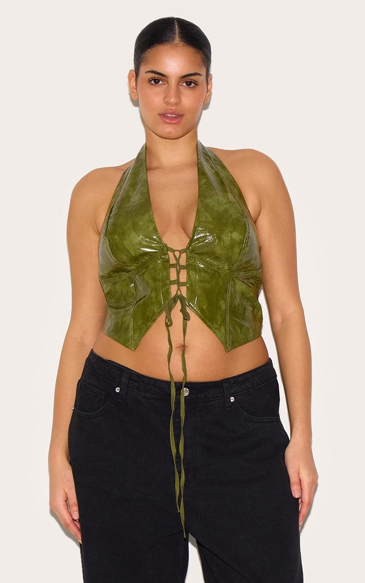 Plus Washed Olive Faux Leather Lace Up Plunge Halterneck Top Product Image