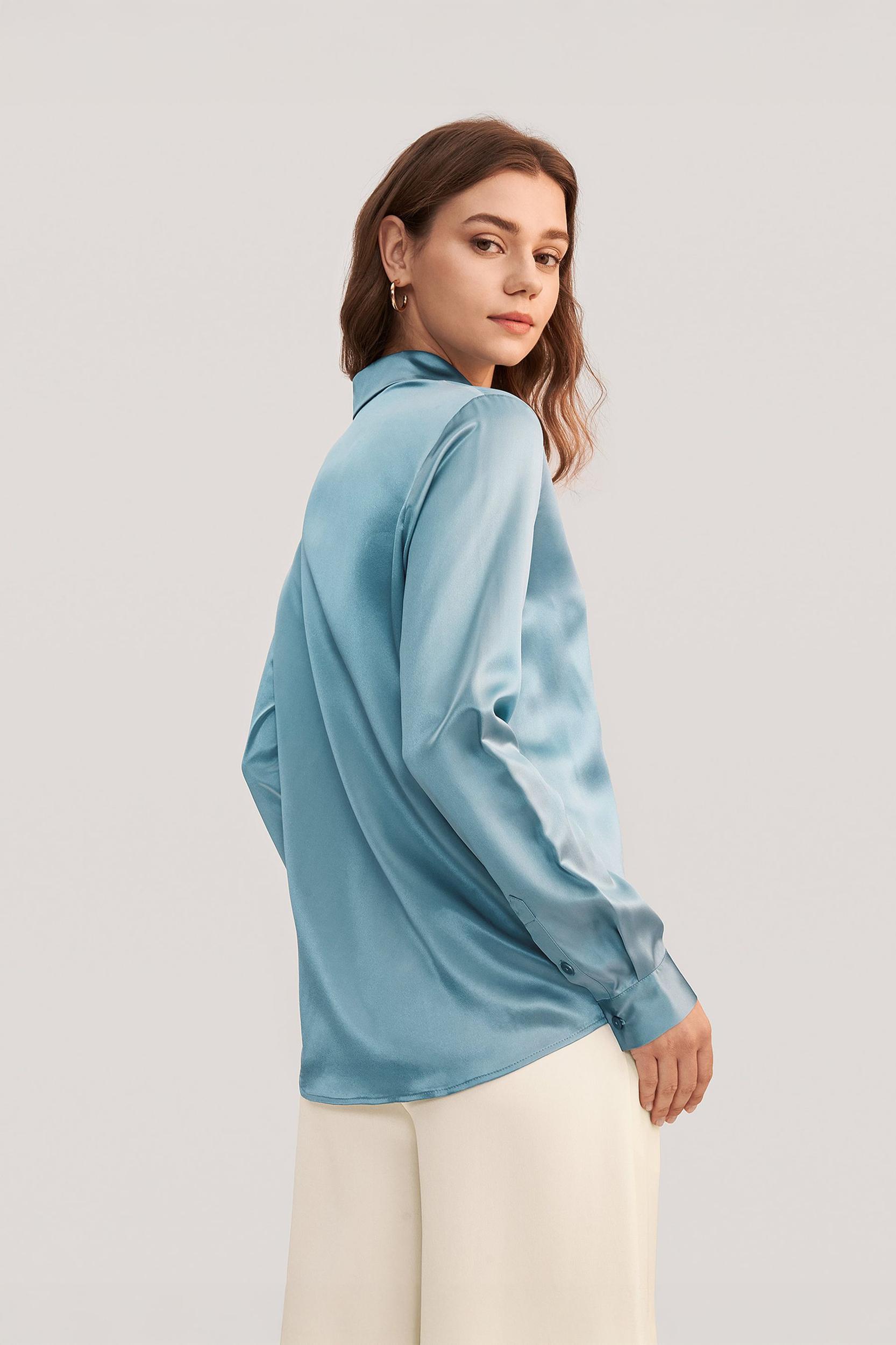 LILYSILK Silk Shirt Women - Dark Gray Mulberry Silk - Non-Toxic Dyes Concealed Mother-Of-Pearl Buttons Blouse Petite M Product Image